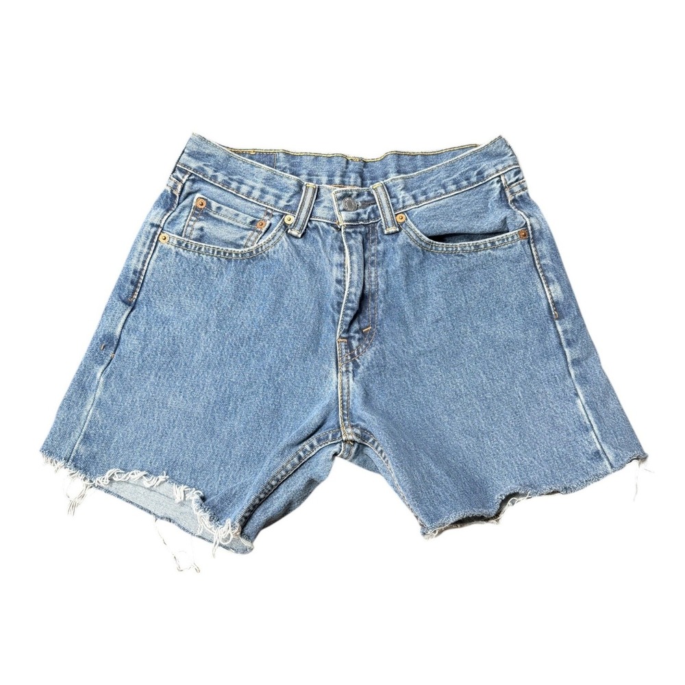 Levis 505 Cutoff Denim Shorts Medium Wash Distressed Raw Hem Womens 29 Blue